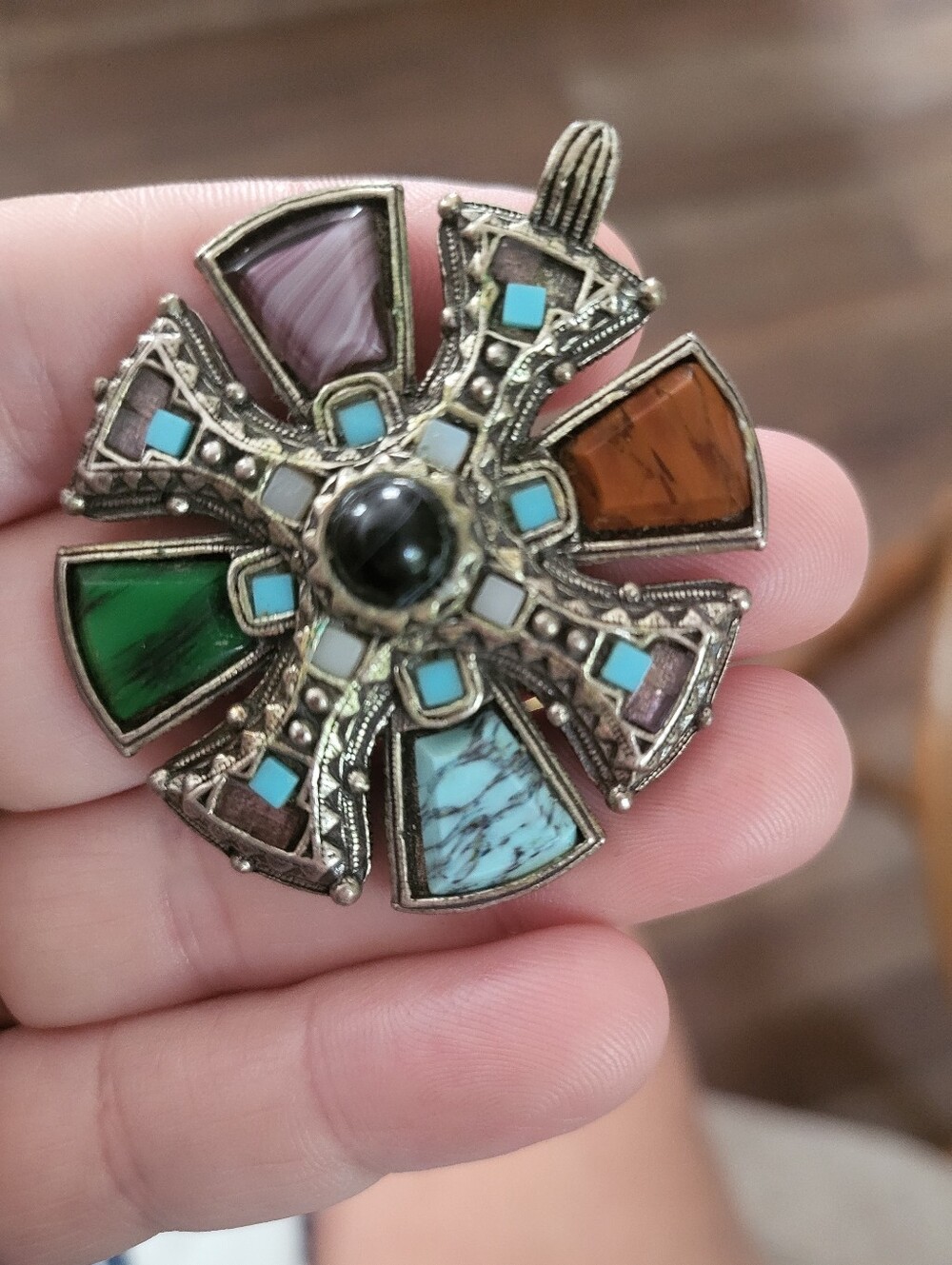 Pewter pendant, Miracle Celtic cross with mosaic semi-precious stones